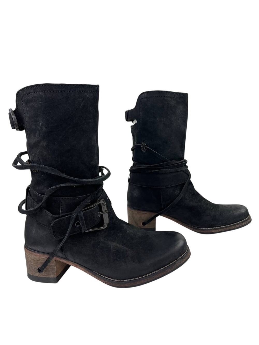 Cafe Noir Black Suede Nubuck Boots Mid-Calf Heeled Buckle Round Toe Size 38